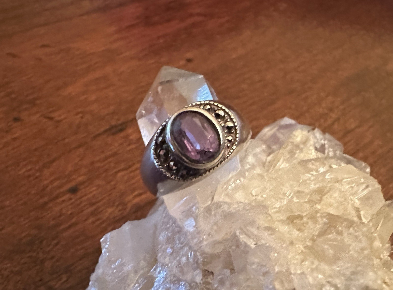 Vintage Sterling Silver Marcasite And Amethyst Ring Size 4.75-5 Hallmark 925