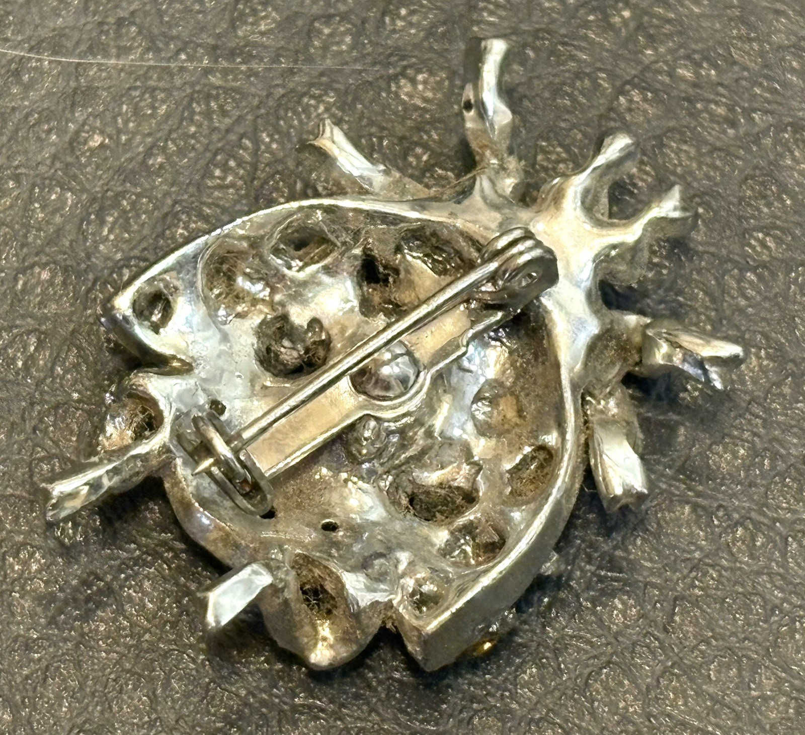 Vintage Art Deco Pot Metal Silver Tone Rhinestone Red Eyes Ladybug Pin Brooch