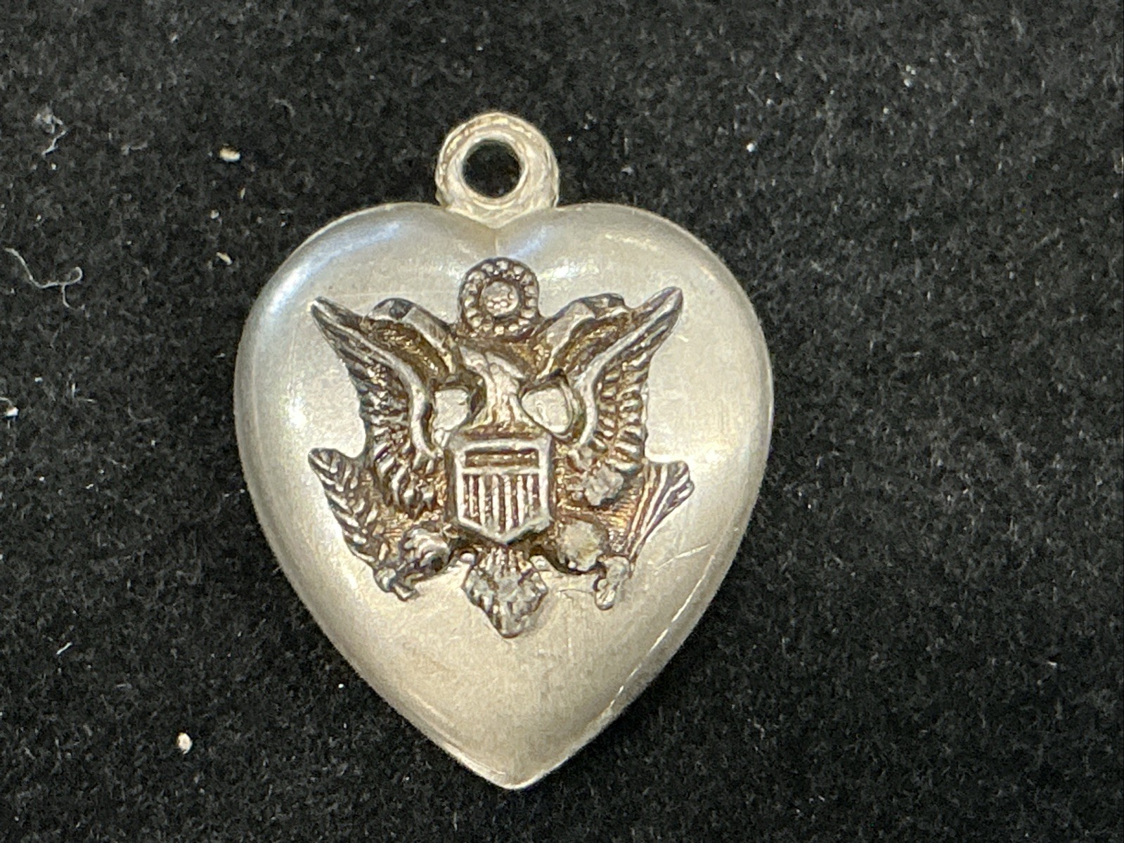 Vintage WWII US Army Crest Puffy Silver Heart Charm 925. Engraved.