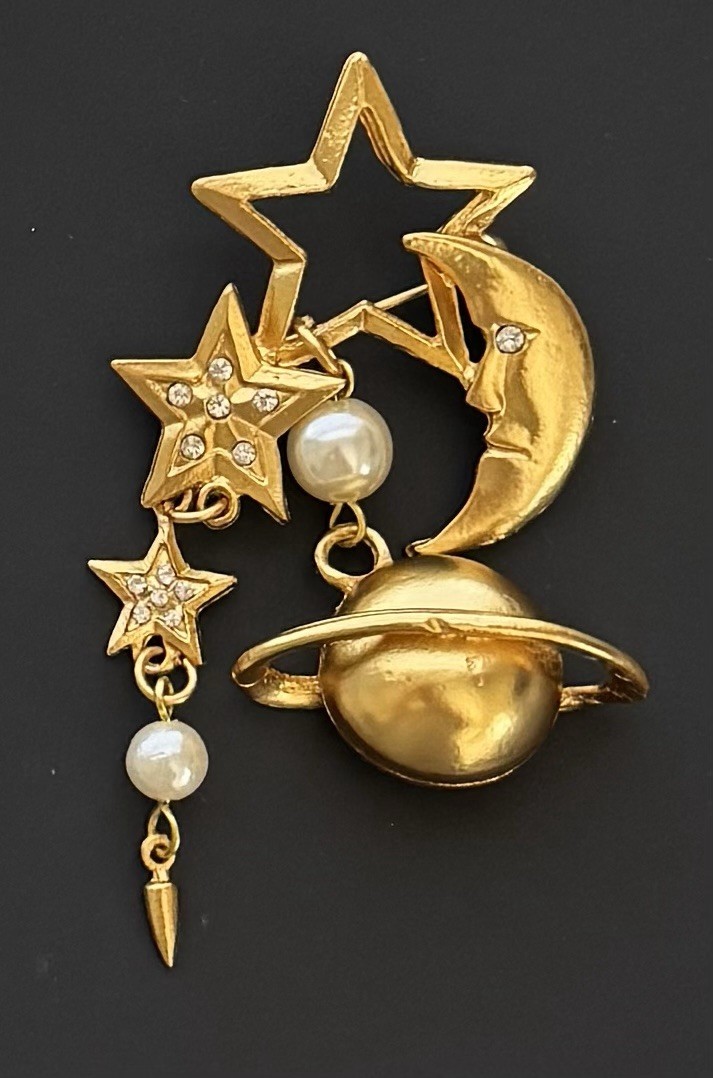 Vintage Crescent Moon /stars & Saturn Brooch / Gold Tone Metal W/ Faux Pearls