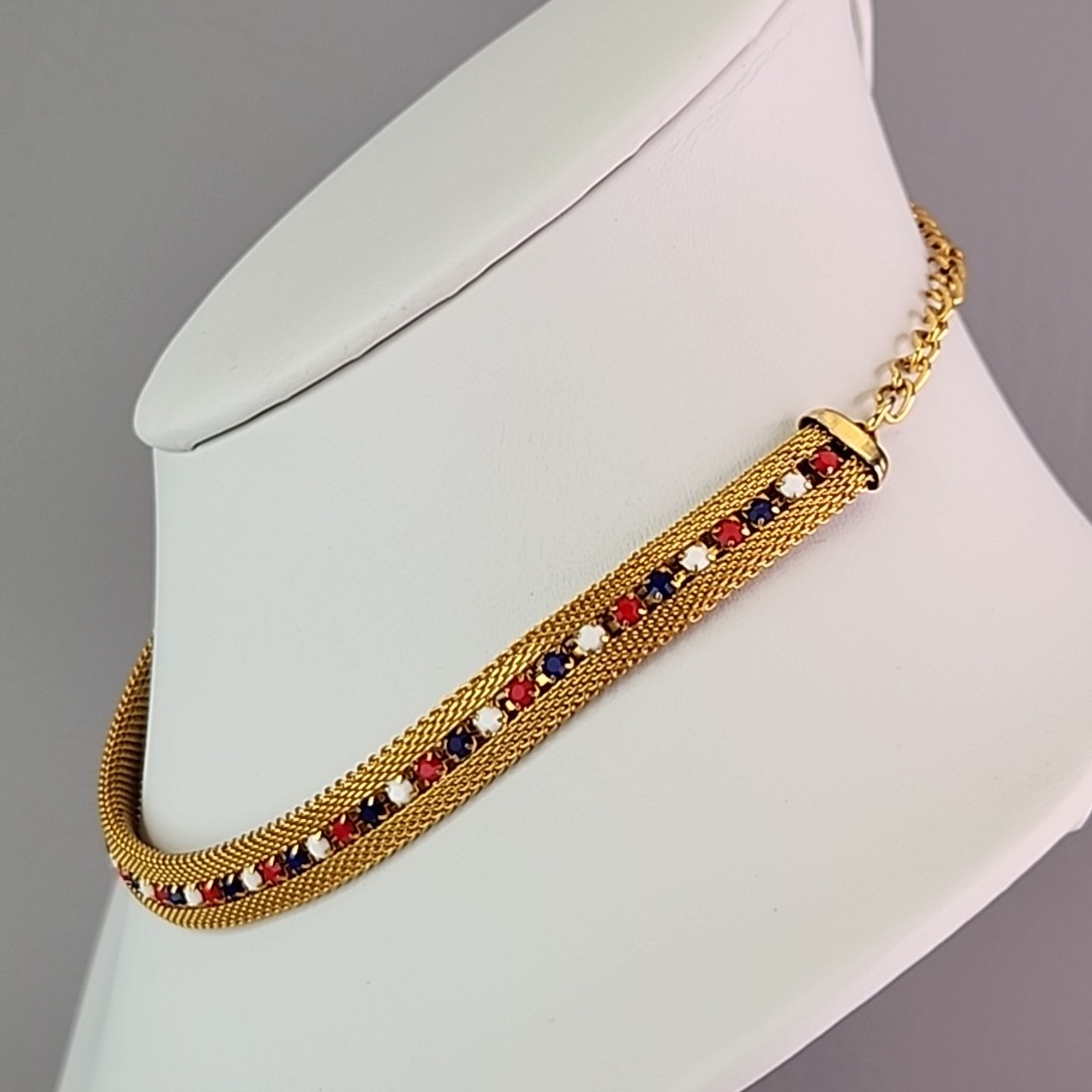 Mesh Necklace Huggie Clip Earrings Set Red White Blue Rhinestones Gold Tone 16″