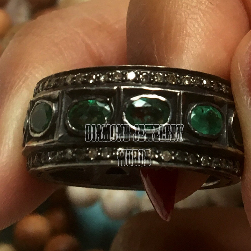 2.51ct Rose Cut Diamond Emerald Studded Victorian Gorgeous Eternity Ring Jewelry