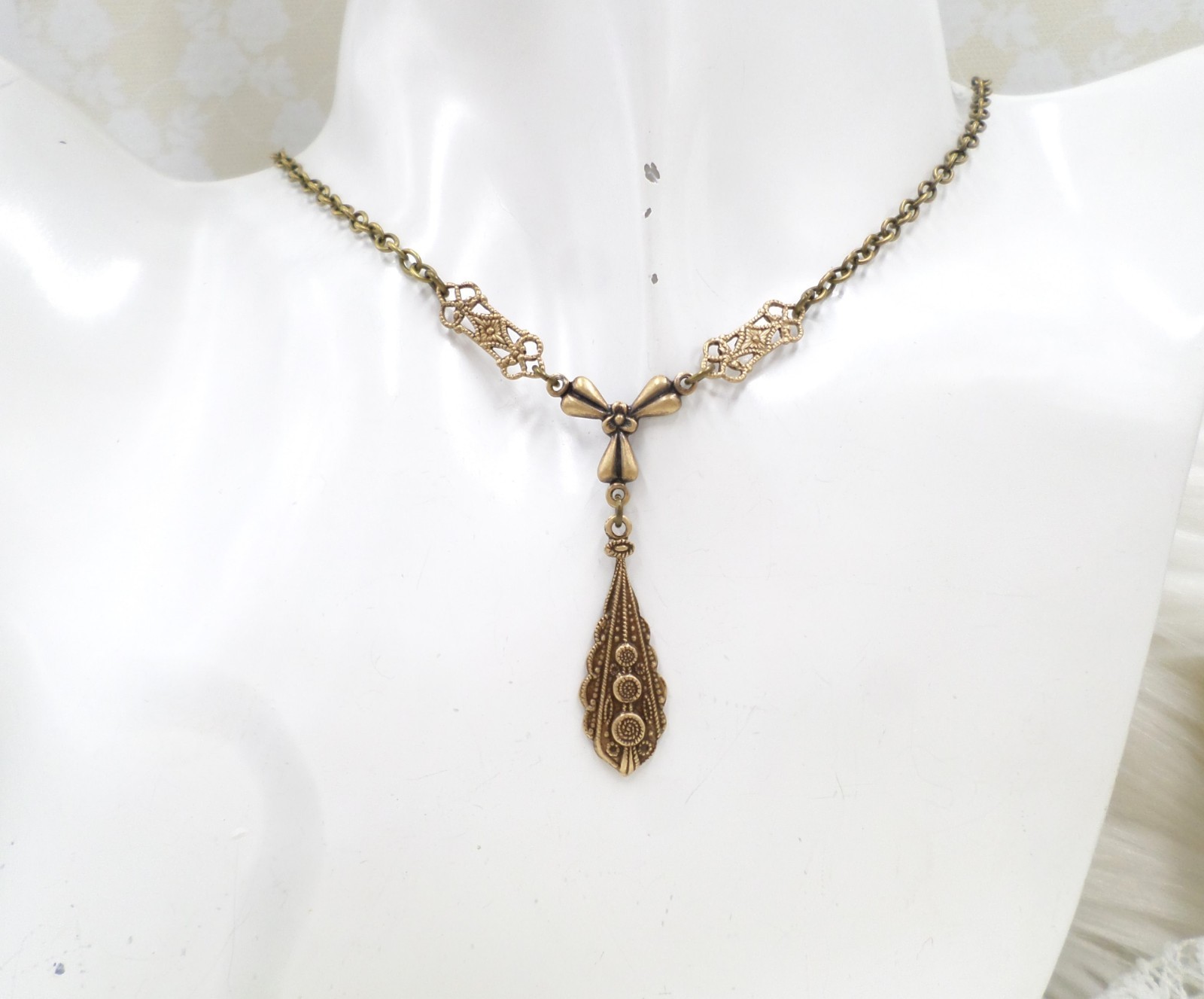 Victorian Style Brass Filigree Charm Necklace: Handmade Bow & Teardrop Jewelry