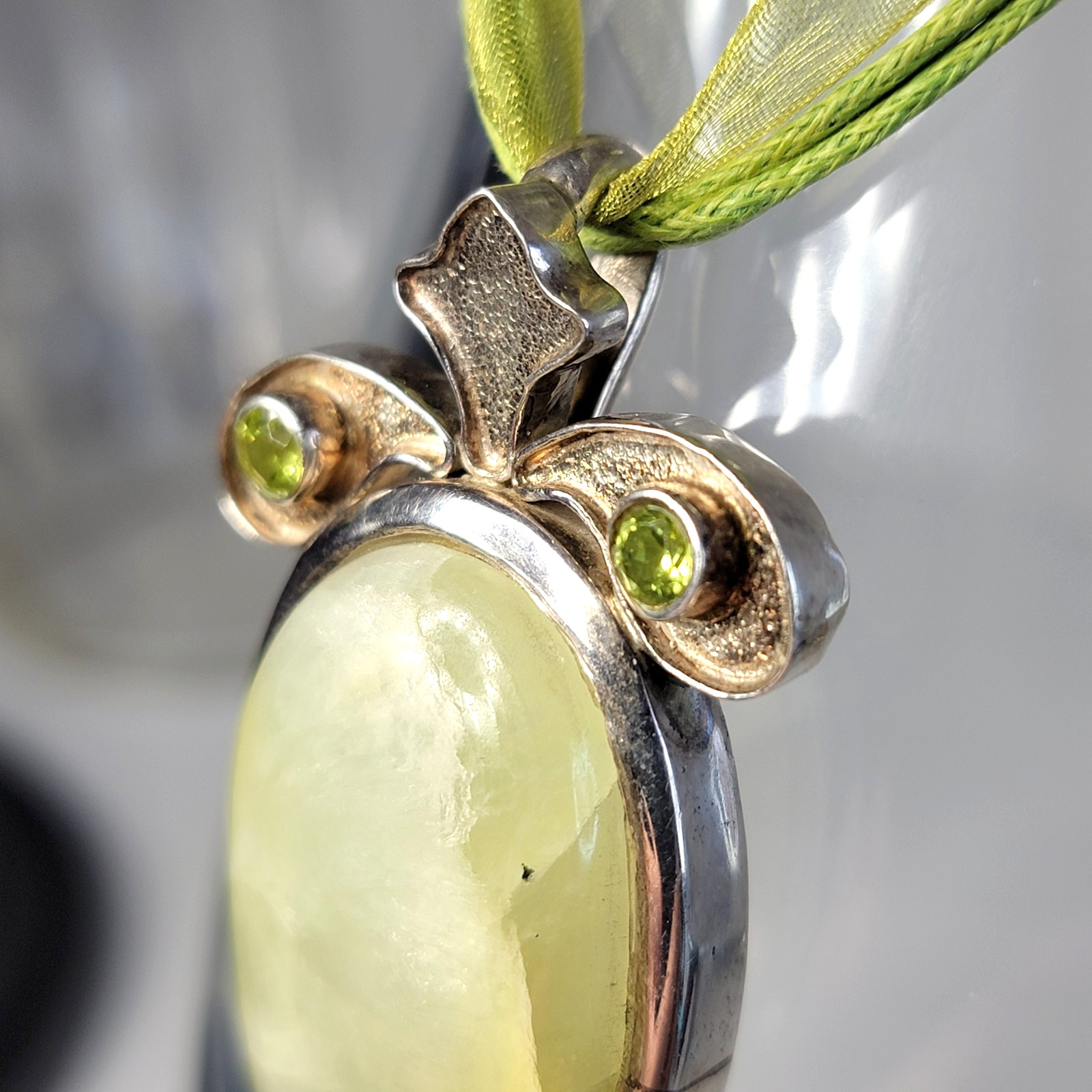Vintage Prehnite Peridot Statement Pendant 925 Sterling Silver Large Boho 25g