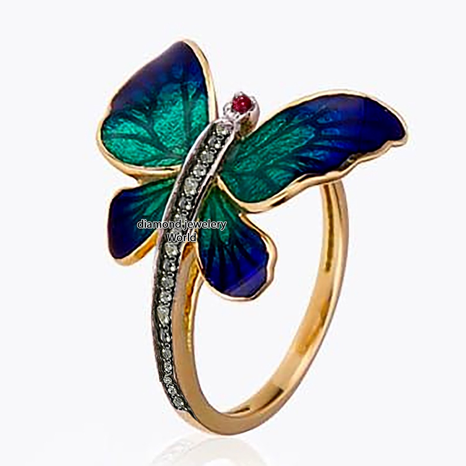 Vintage Style 0.52Ctw Rose Cut Diamond Ruby Enamel Silver Butterfly Ring Jewelry