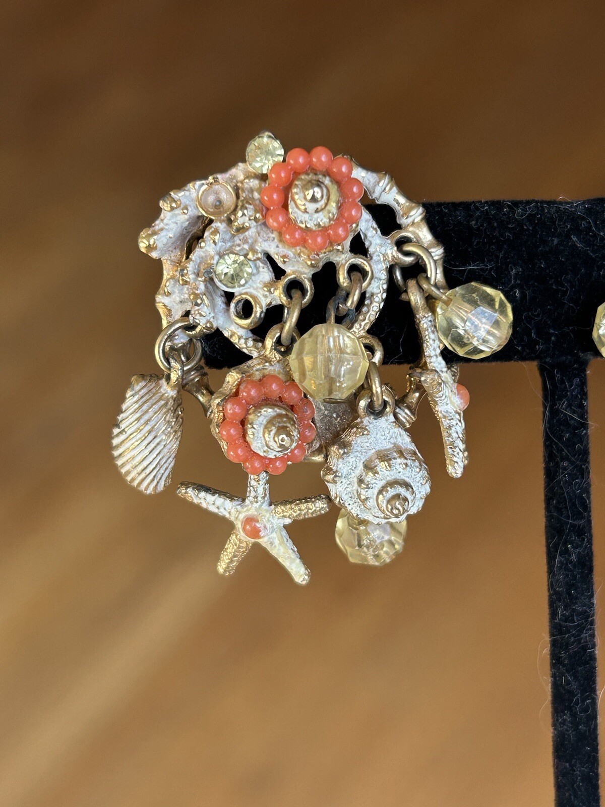 Vintage ART Arthur Pepper Clip Earrings Dangle Shells Beach AB Crystals REaD