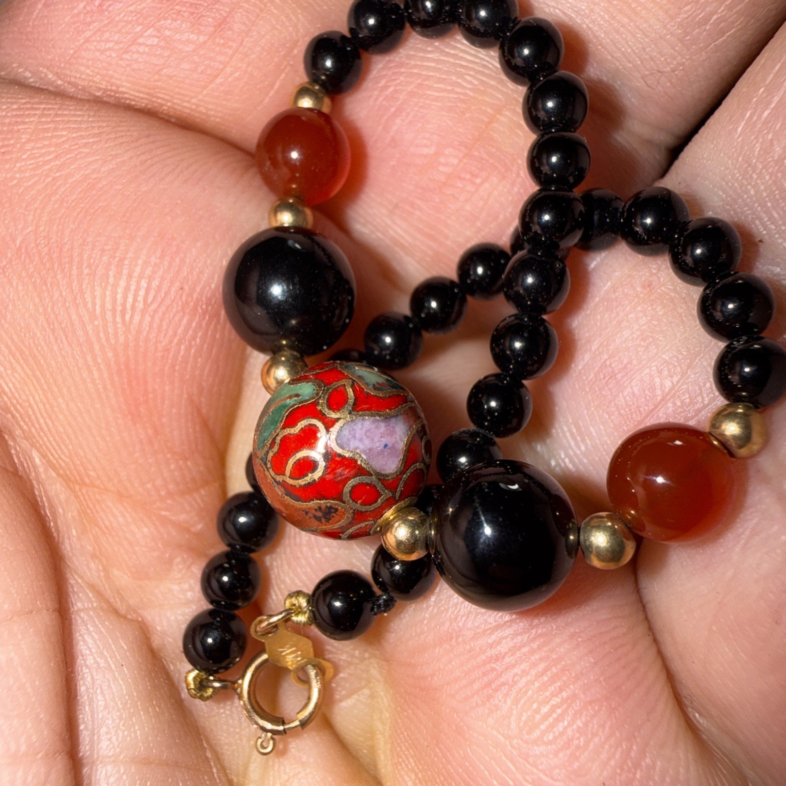14k Gold Bracelet Black Coral Cloisonne Vintage Unused 6.75” Biggest Bead 10mm