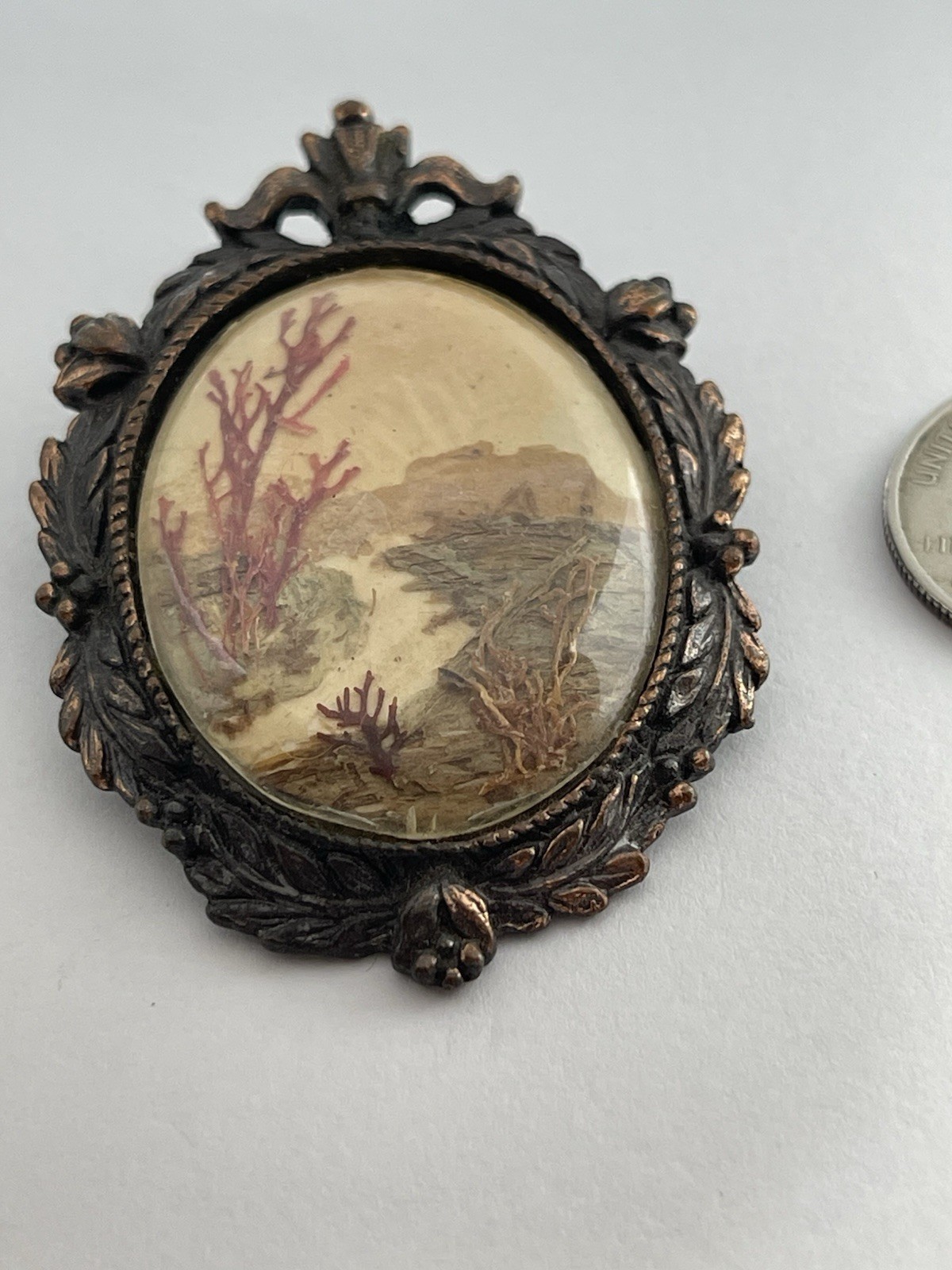Vintage W. Australia Bark Painting Collage Landscape Copper Color Brooch Pendant