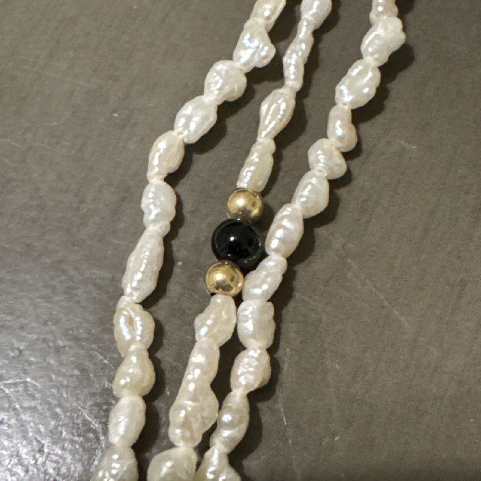 Vintage Triple Strand Rice Seed Pearl & Black Onyx 17” Necklace