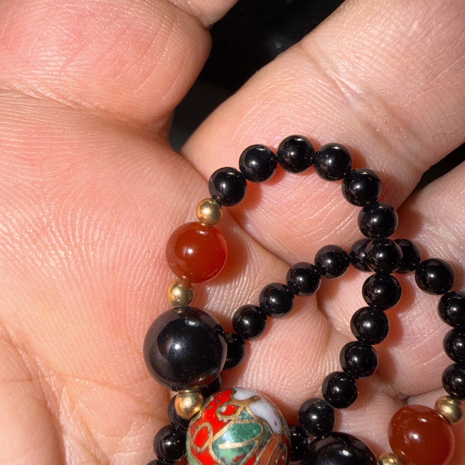 14k Gold Bracelet Black Coral Cloisonne Vintage Unused 6.75” Biggest Bead 10mm