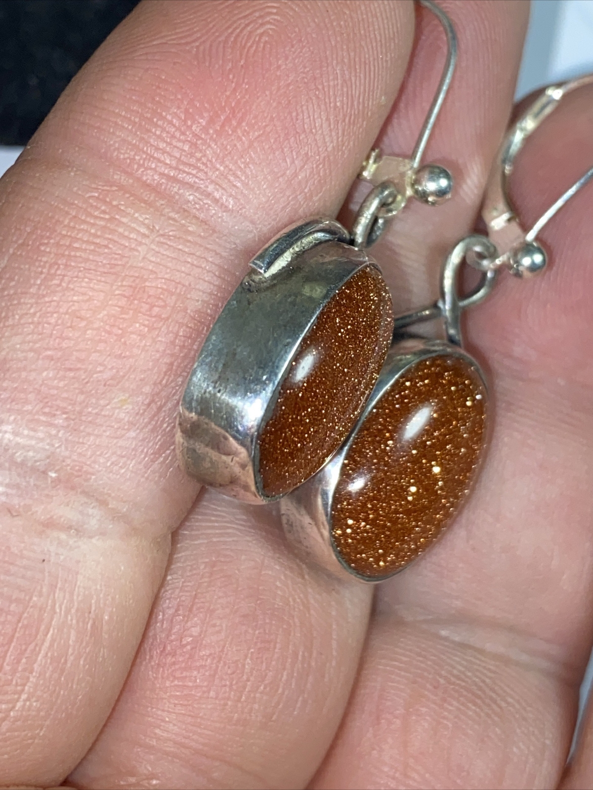 Earrings Pierced Hanging Big Sparkling Goldstones Cabs Sterling Silver LeverBack