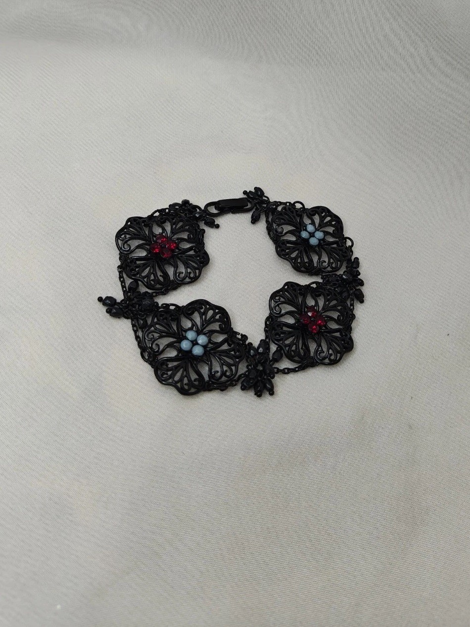 Black Enamel Ornate Victorian Inspired Bracelet With Blue And Crimson Stones