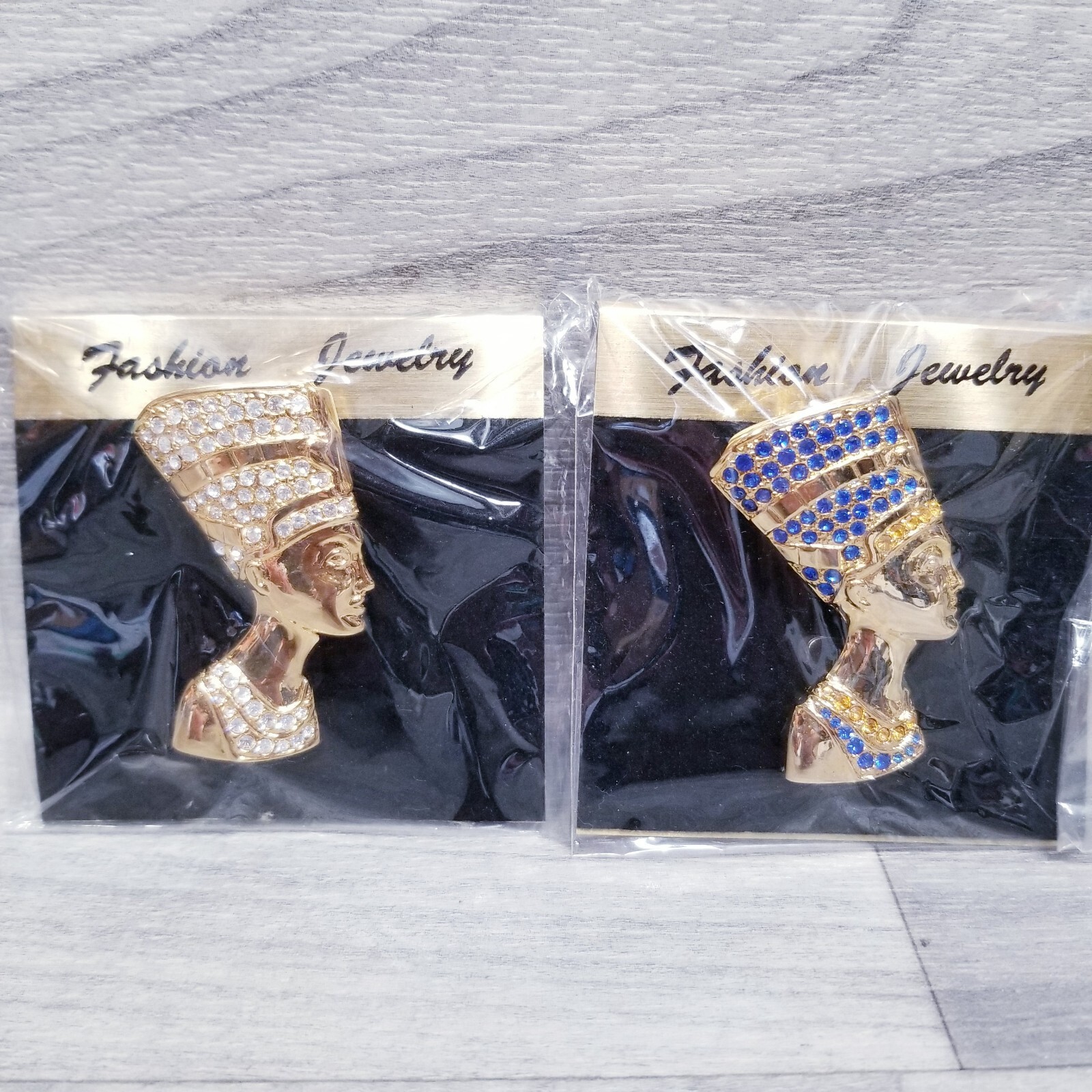 2X Nefertiti Queen Egypt Pin Brooch Gold Tone Blue White Rhinestone Jewelry