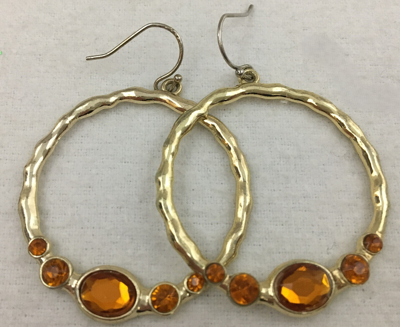 2 Pair VTG AVON Dangling Hoop Earrings GoldTone With Orange Clear Rhinestones