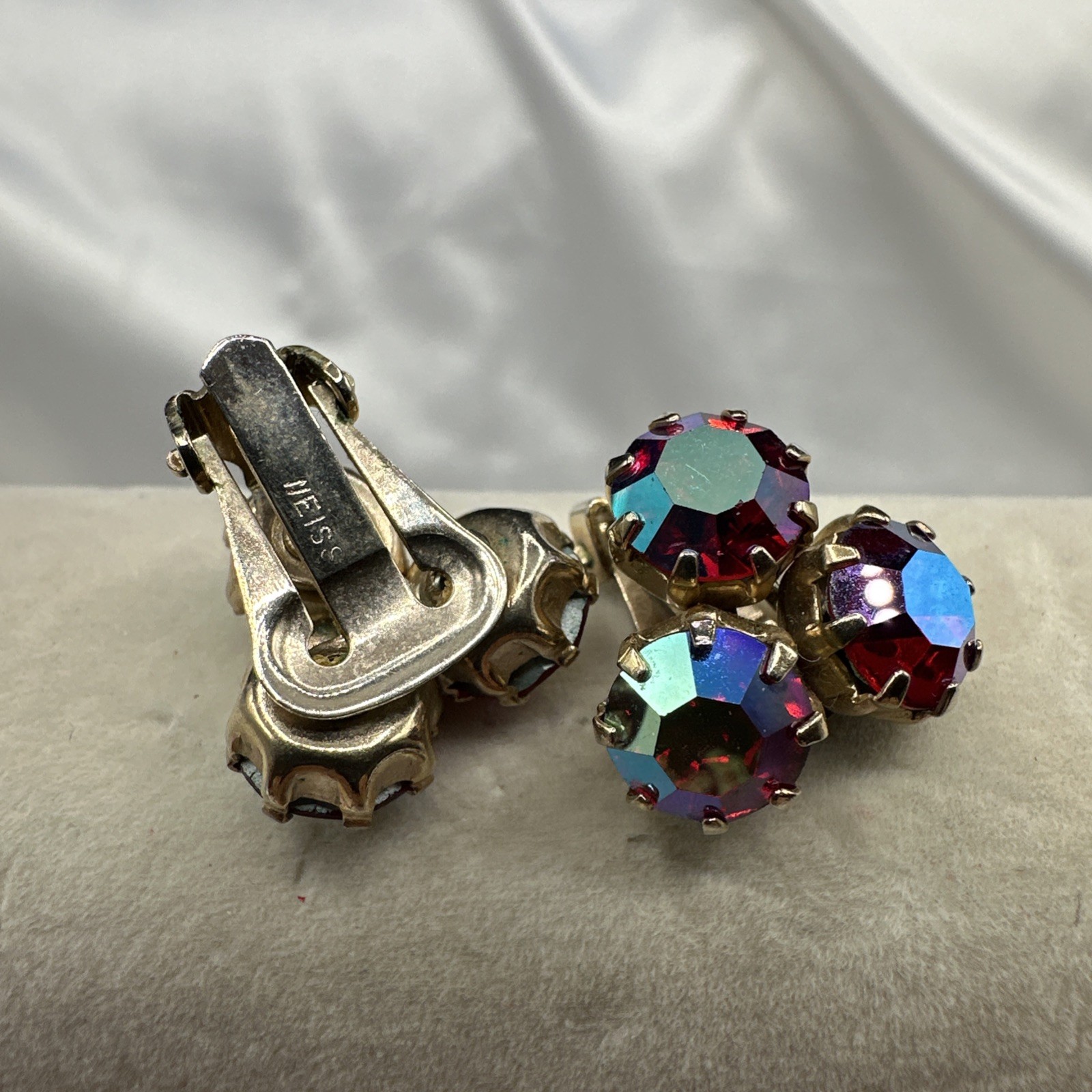 Vintage WEISS Red Aurora Borealis Clip on Earrings. See pics.