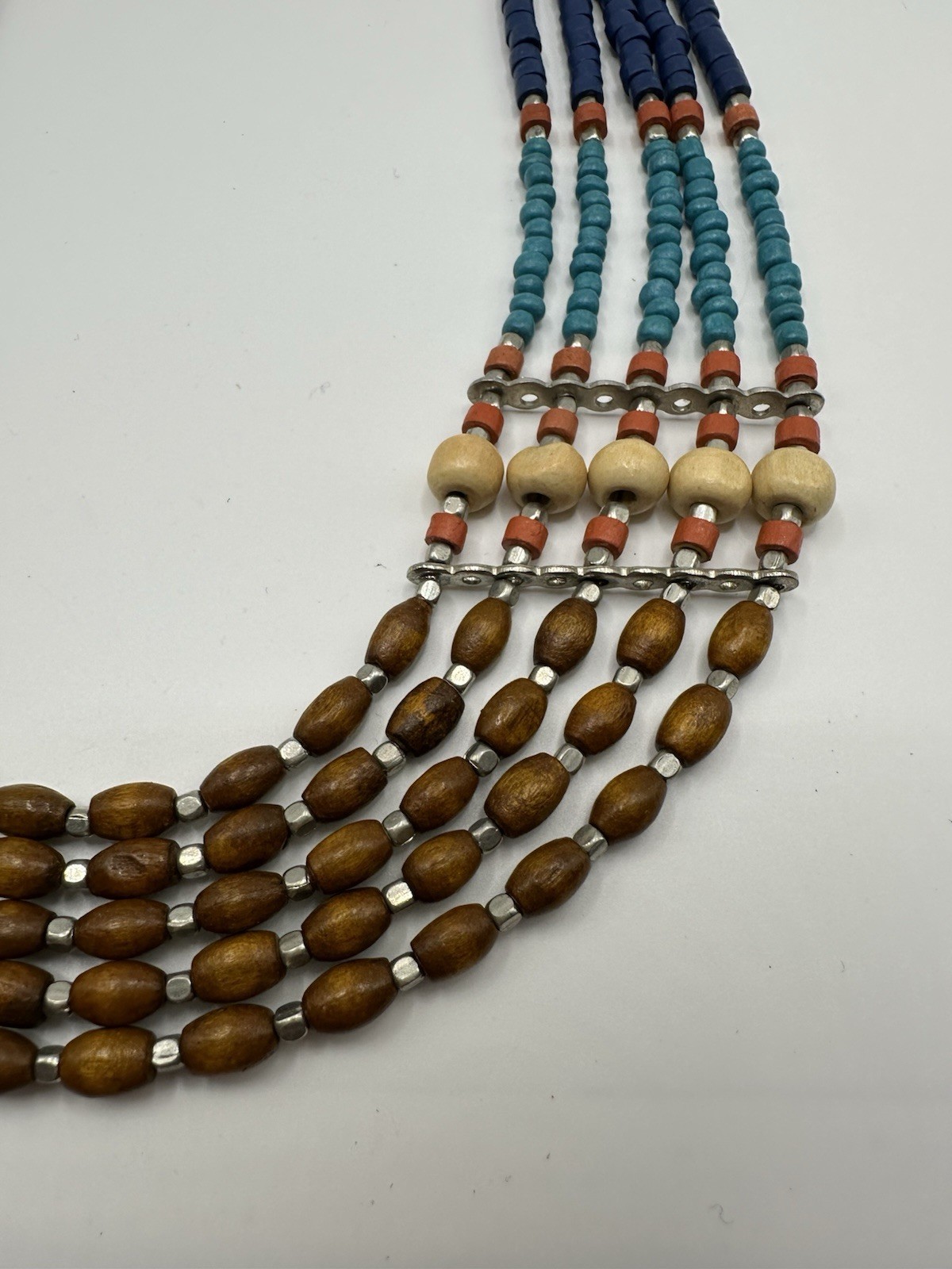 Multi Strand Layered Wood Multi Color Beaded Necklace African 16”