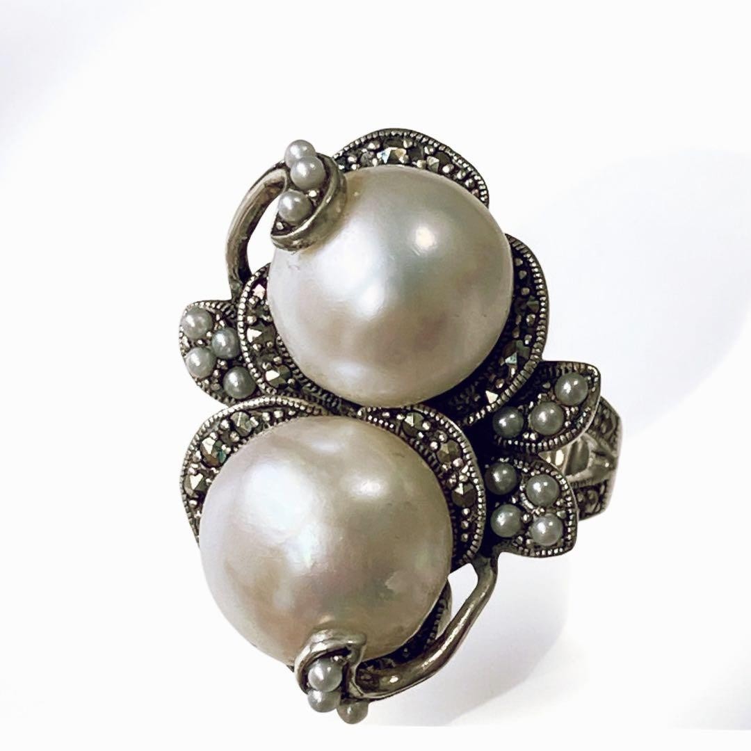 VINTAGE Vintage Baroque Pearl Marcasite Silver 925 Ring Size 7.5