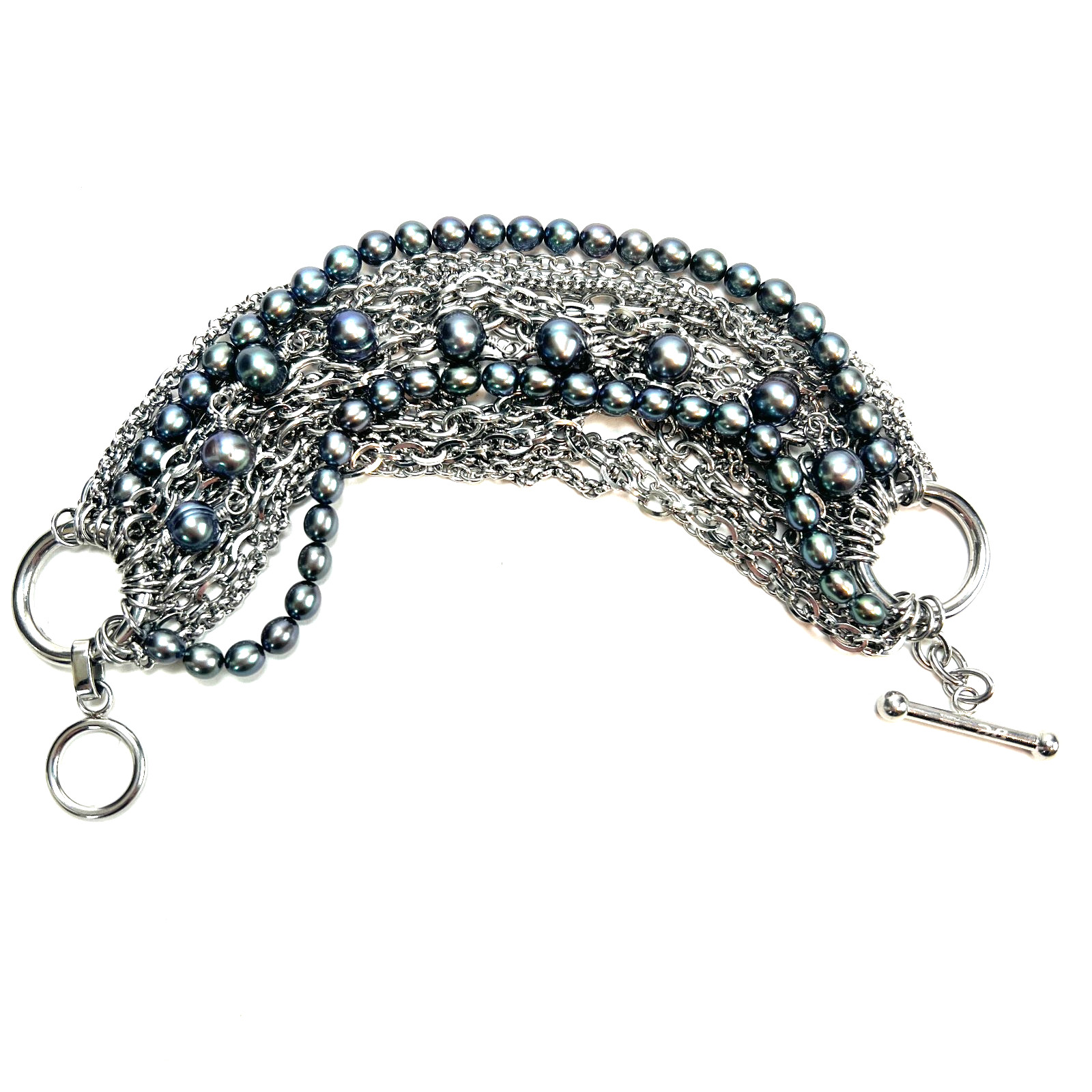 Stainless Steel Multi Strand Chain Bracelet Gray Faux Pearls Toggle Clasp 8 Inch