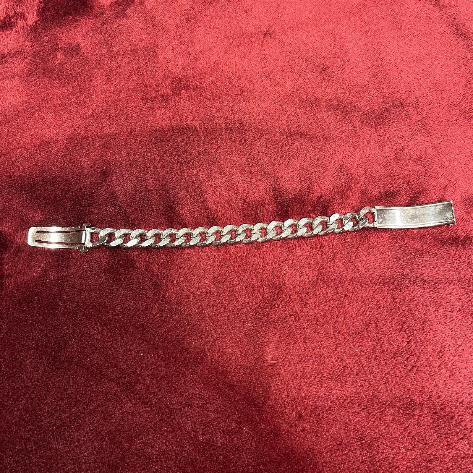 Vintage Speidel Link ID Bracelet Rhodium Electroplated USA Engraved Tom 8-27-68