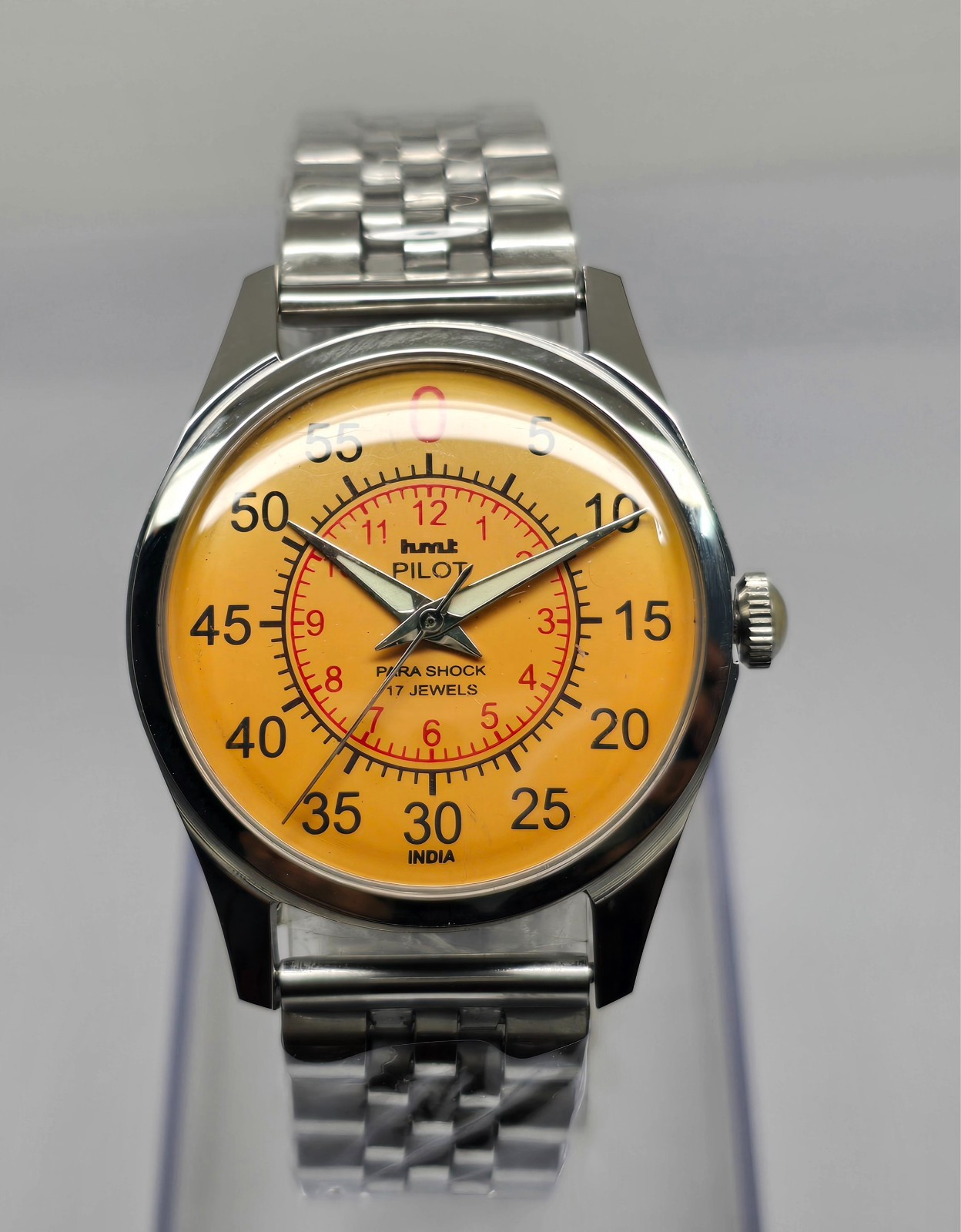 Vintage Hmt Pilot Yellow Dial 17 Jewels Mechanical hand winding Transparent Back