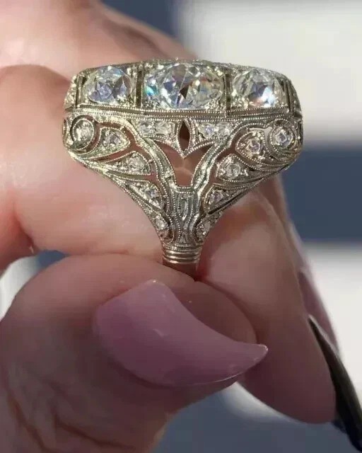Art Deco Style 3.28Ct Lab Created Diamond 3-Stone Wedding 14K White Gold FN Ring
