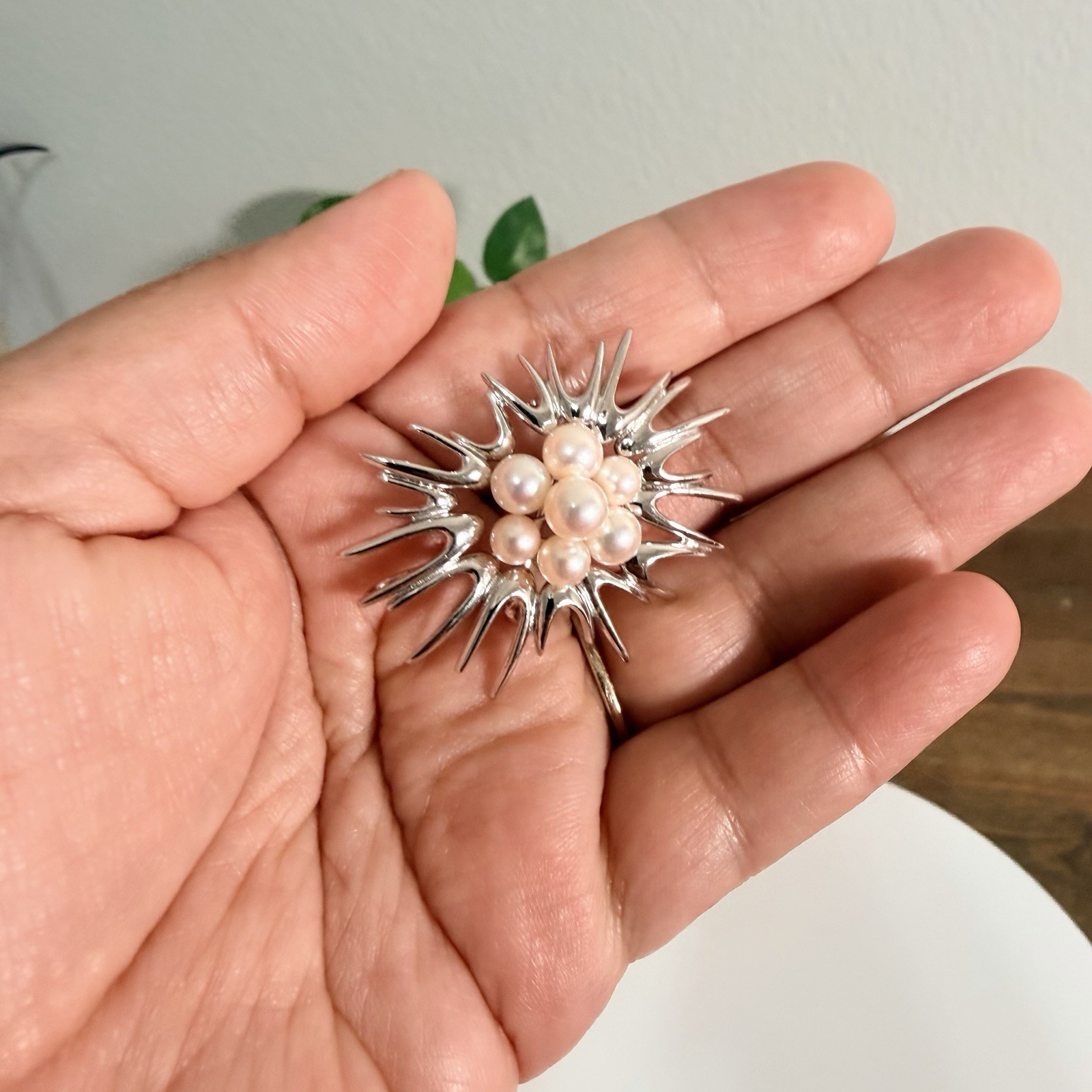 Mikimoto Akoya Starburst / Sea Urchin Pearl & Sterling Silver Vintage Brooch MCM