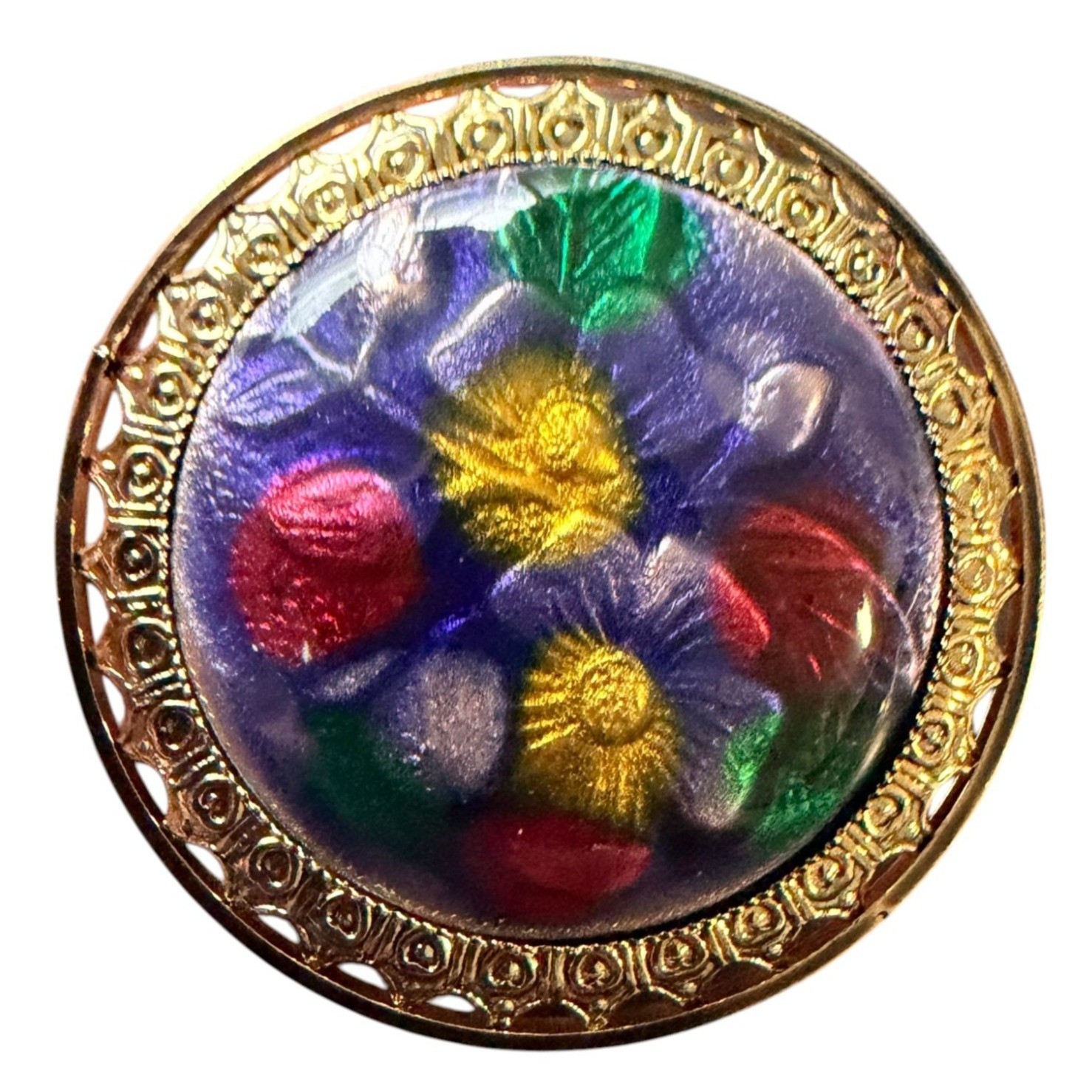 Vintage Reverse Carved Lucite Brooch Gold Tone Floral Pin 1950s New Old Stock
