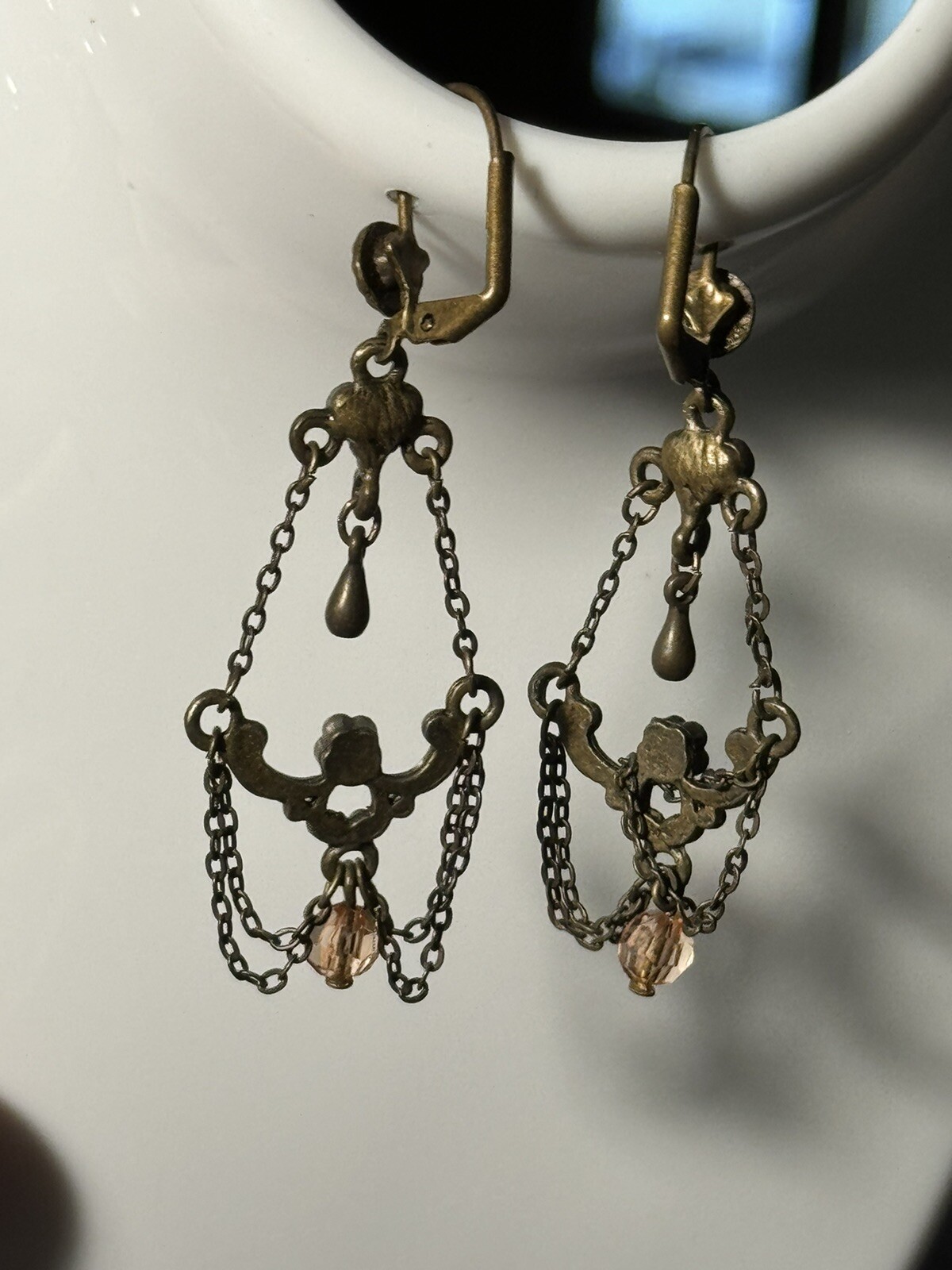 Antique Chandelier Peach Beads Earrings Alloy Metal Self Clasp Beautiful 2inch