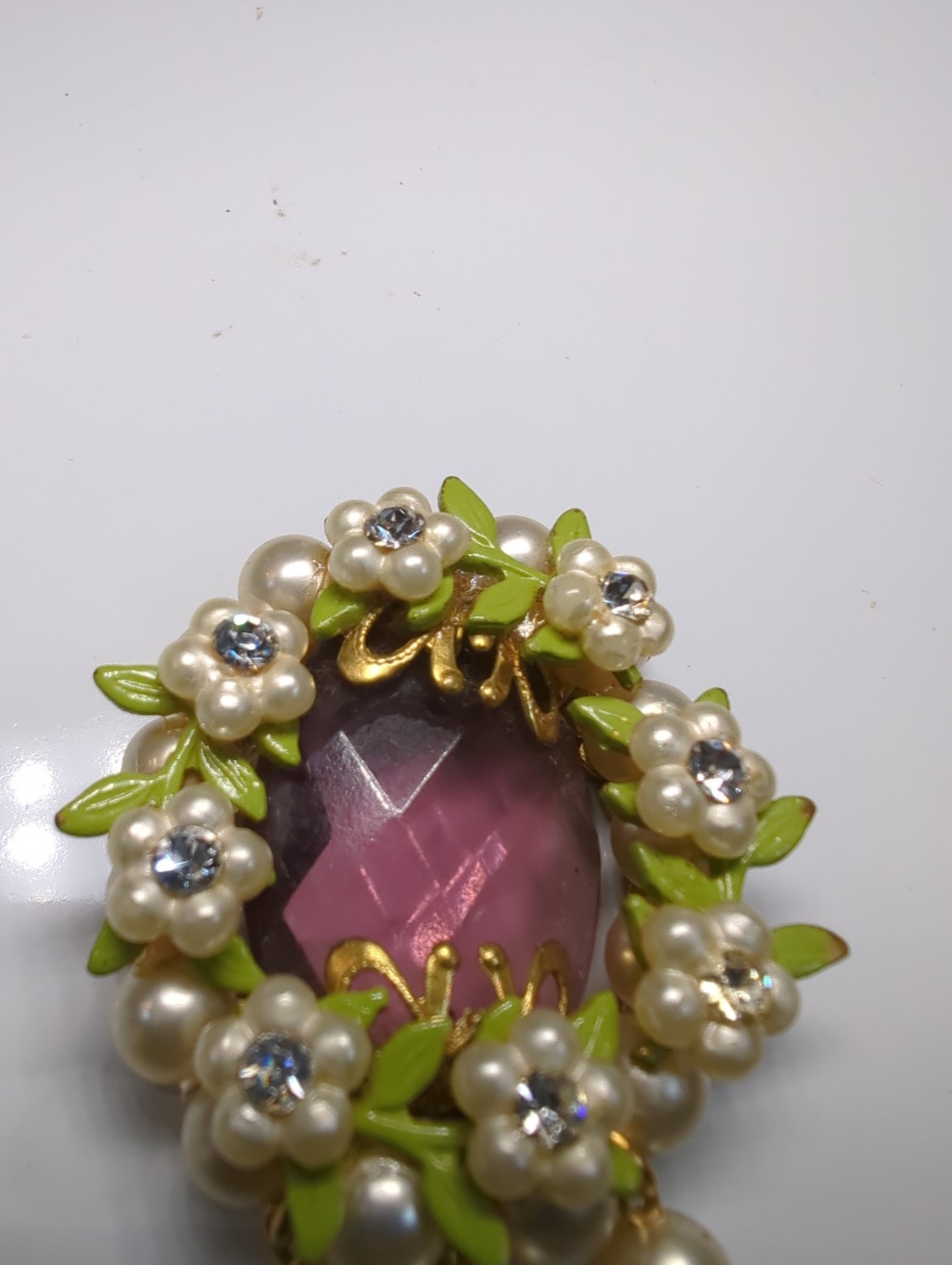 Vintage Wreath Pendant Necklace Delicate Pearl Flowers Amethyst Green Enamel