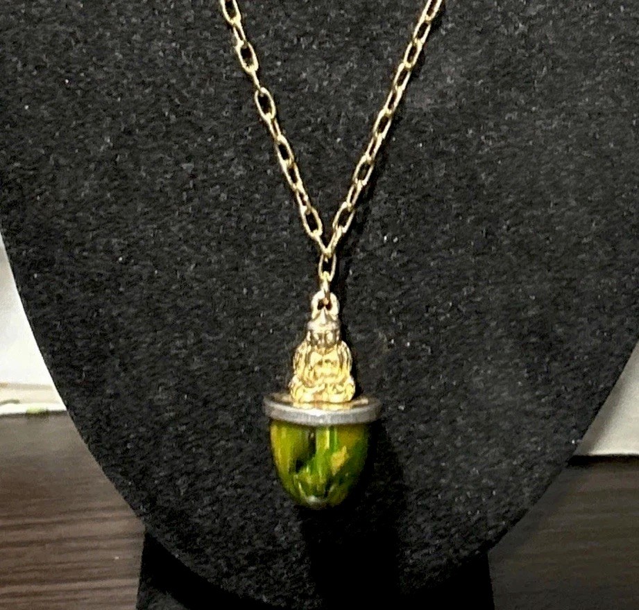 Vintage 30g Green Yellow Tested Bakelite Buddha Fob Pendant French 32” Necklace
