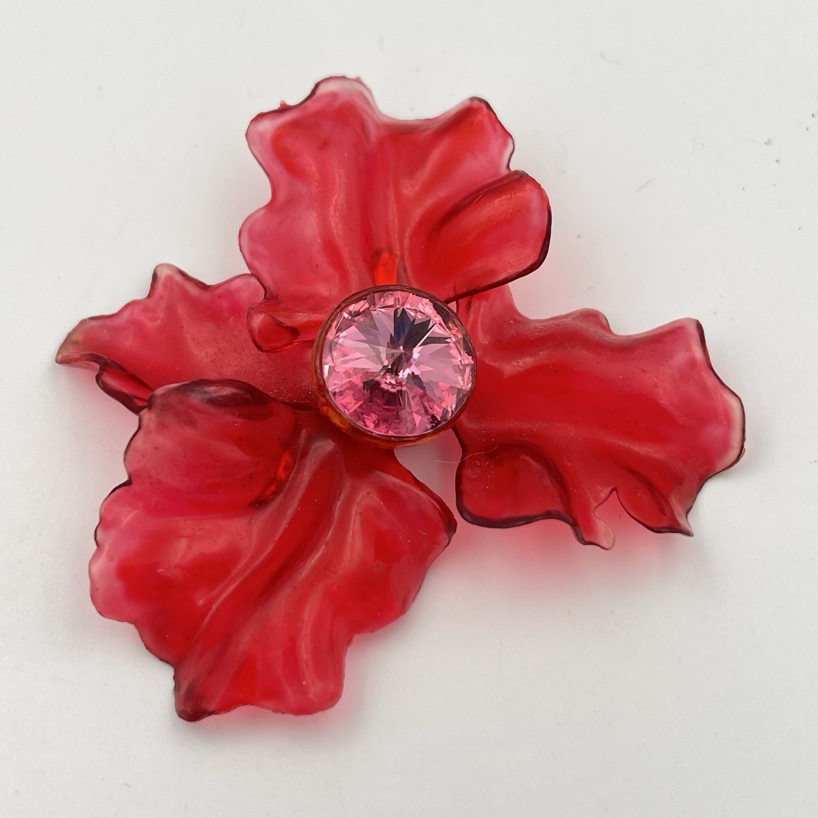 Vintage Cellulose Acetate Flower Brooch Large MCM Red Pink Rhinestone Pin