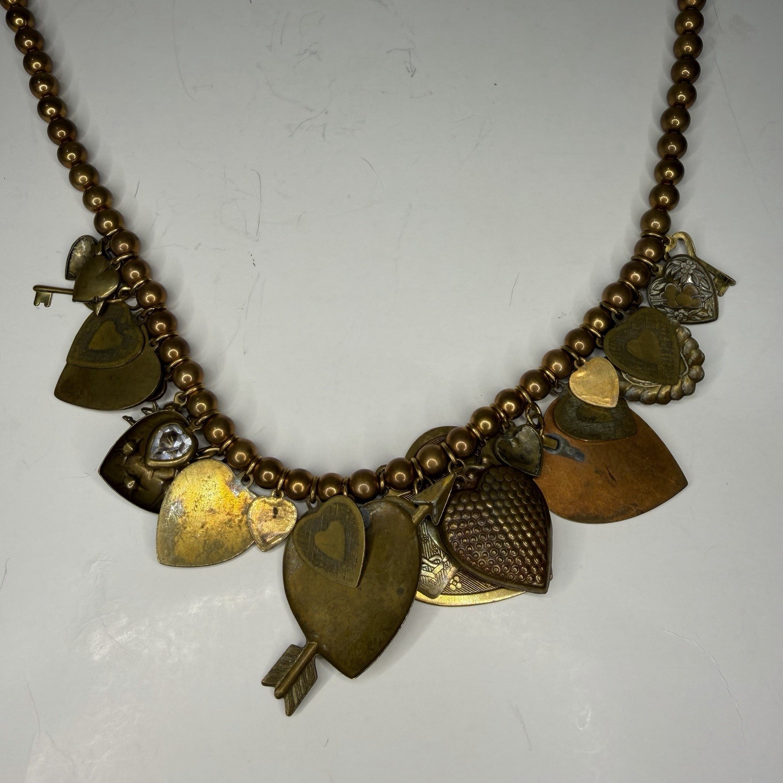 Vintage Pididdly Links Brass Bead Dangling Heart Cherub Key Charm Necklace 20in