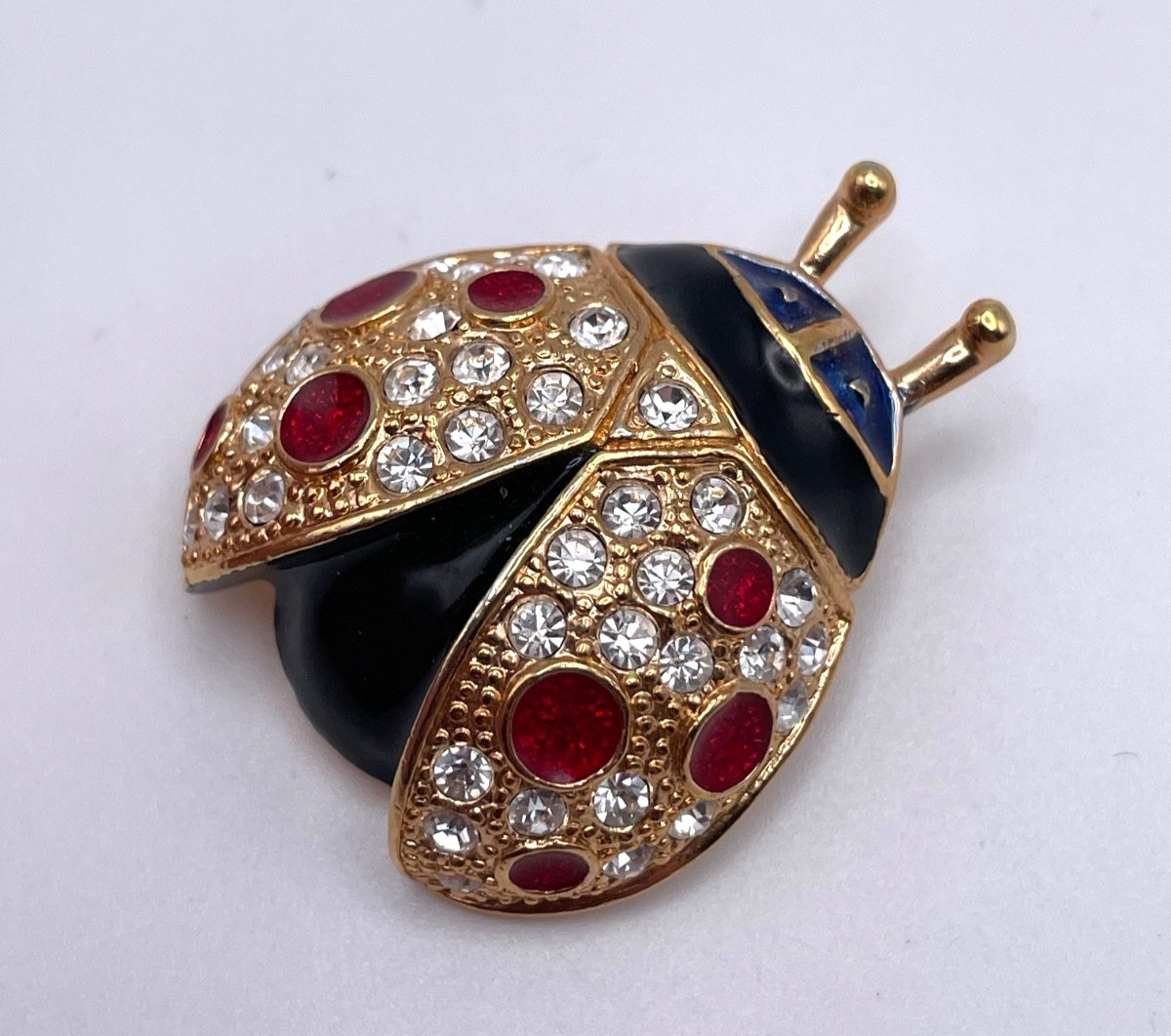Vintage Roman Signed Gold Tone Ladybug Brooch Pin Red Clear Rhinestones Enamel