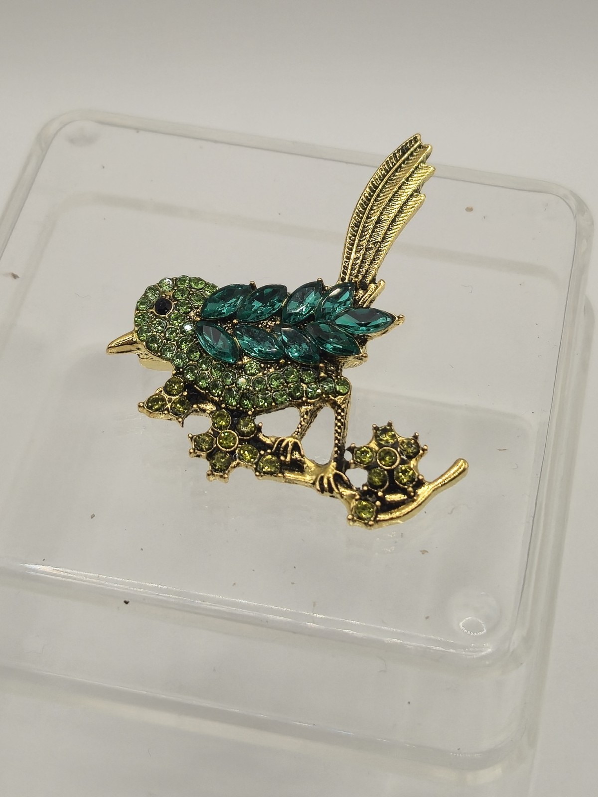 Green Rhinestone And Glass Bird Brooch Unbranded
