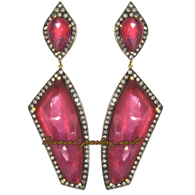 Victorian 1.98ctw Rose Cut Diamond Ruby Studded Silver Gorgeous Earring Jewelry