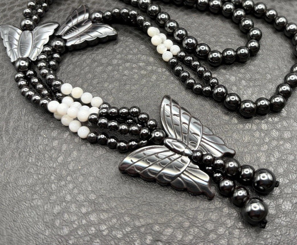 Vintage Butterfly Hematite and Mother of Pearl MOP Beaded Tassel Opera Long 32″