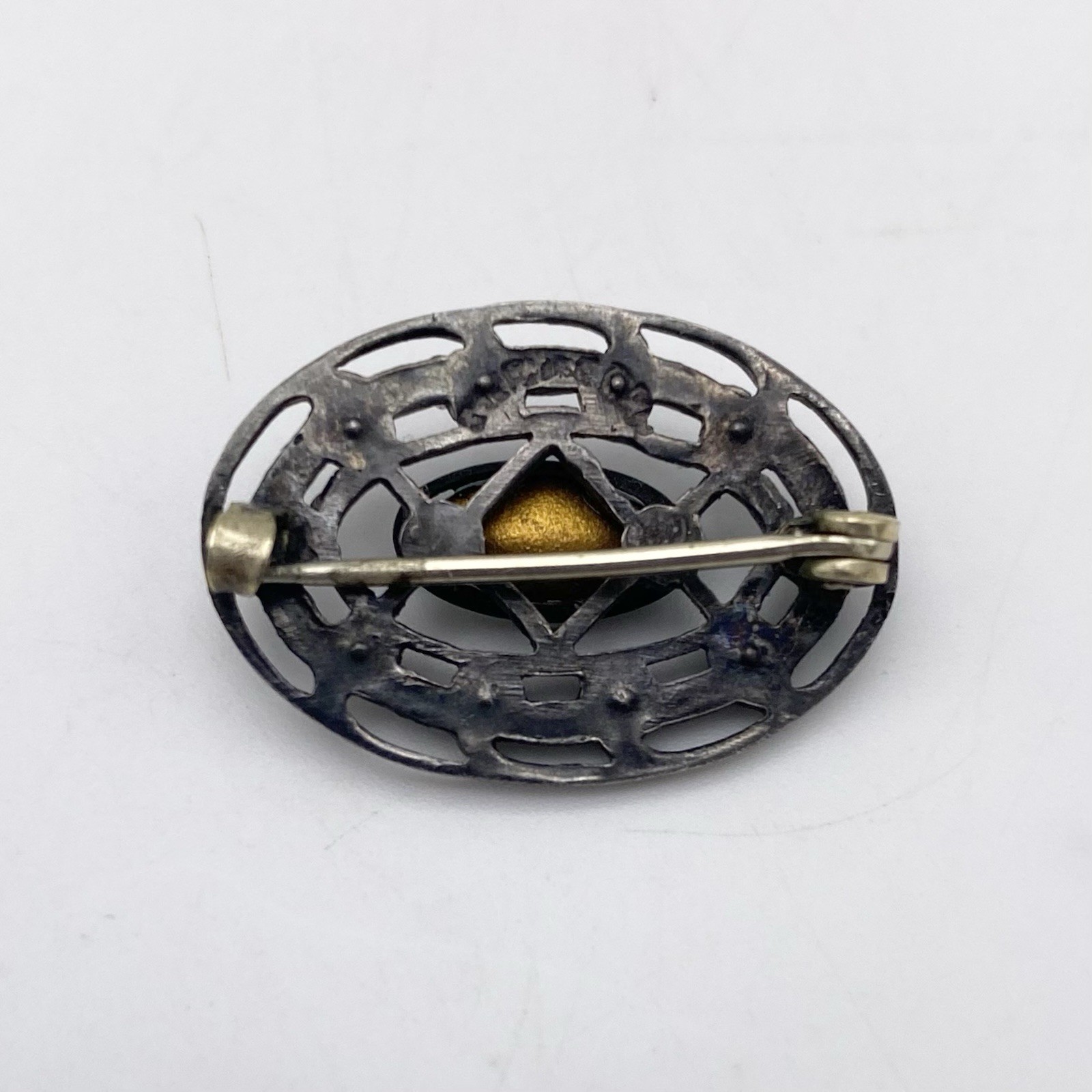 Vintage Art Deco Brooch Sterling Silver Metalwork Opalite Glass Cabochon Enamel