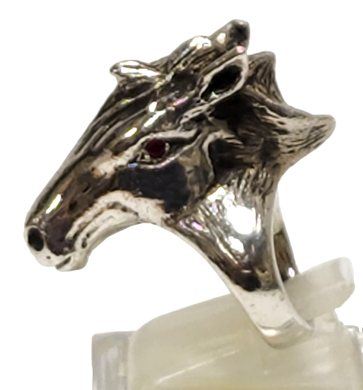 Large Vintage Sterling Silver HORSE HEAD Ring Ruby Eyes Small Size 3 3/4 ~ 30 g
