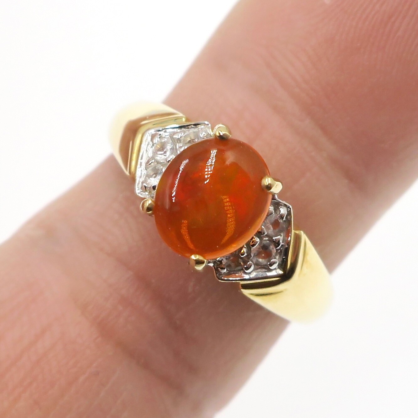 14k Solid Yellow Gold Natural Mexican Fire Opal Ring with Play-of-Color Sz 6.75