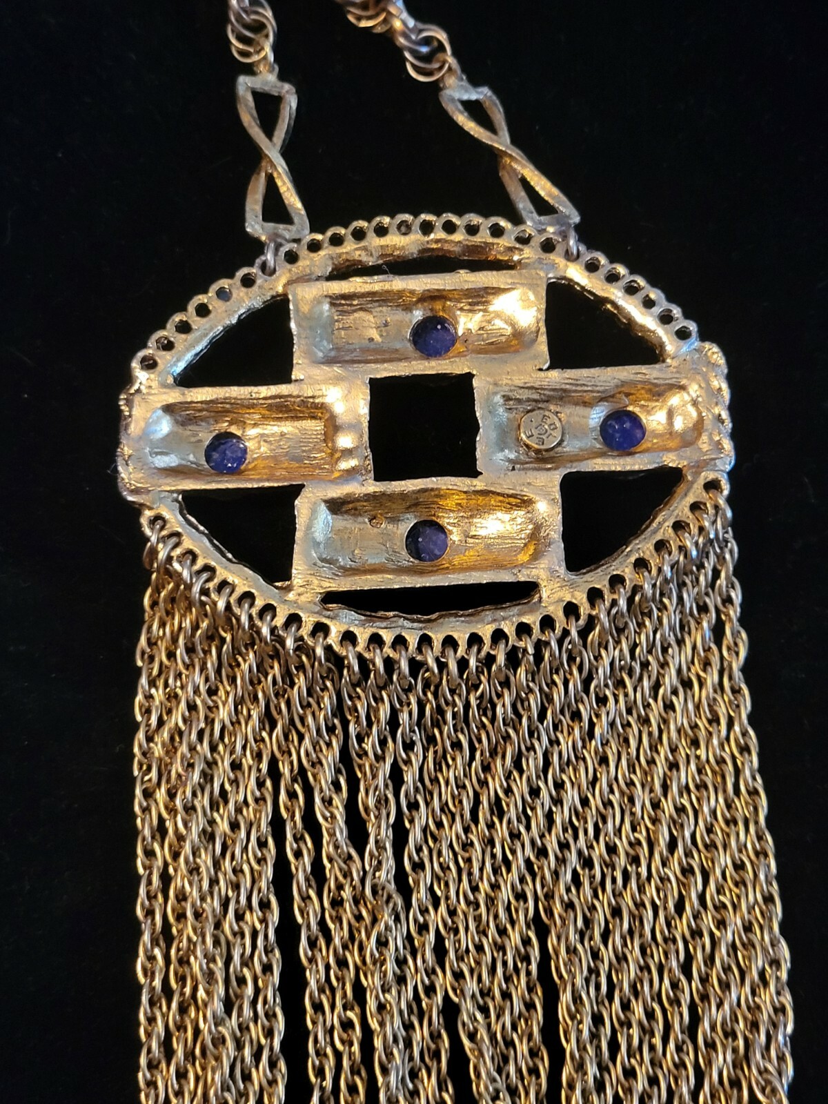 Vintage Very Large Bold Goldtone Blue Stone Edlee multi stand chain Necklace