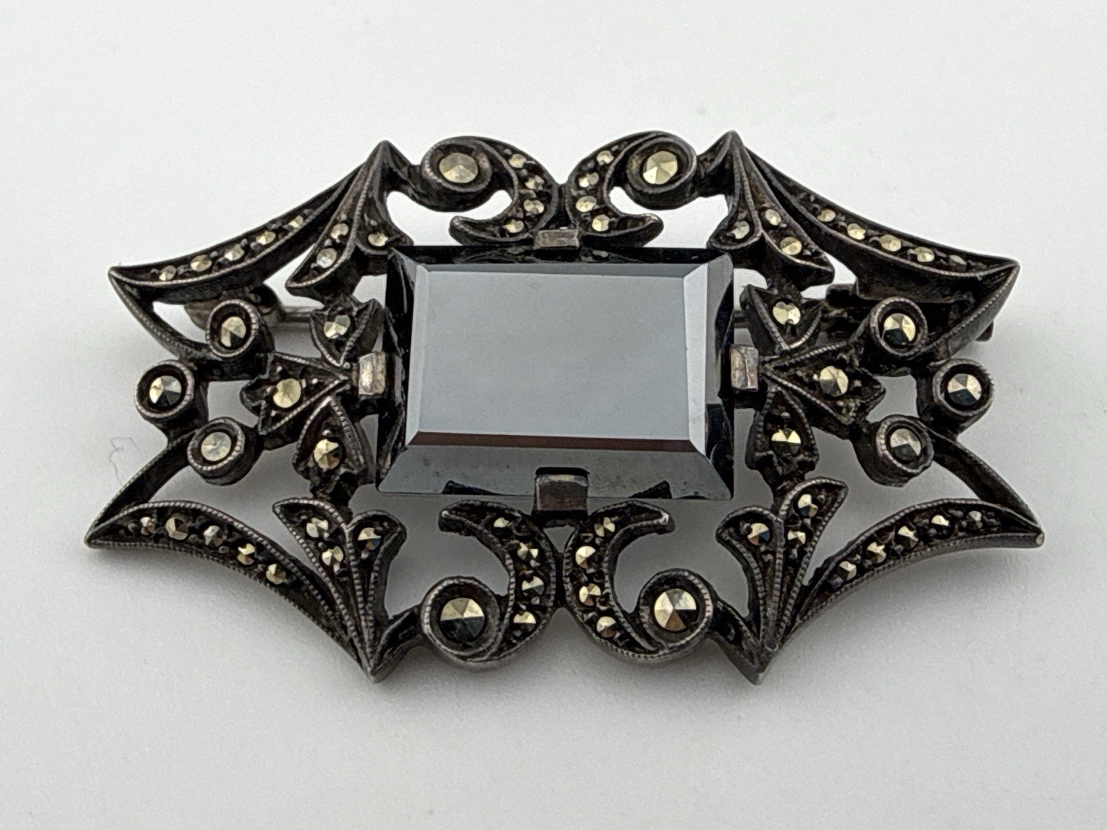 Antique Sterling Silver Unmarked natural hematite brooch Trombone Clasp 1.5”X1”