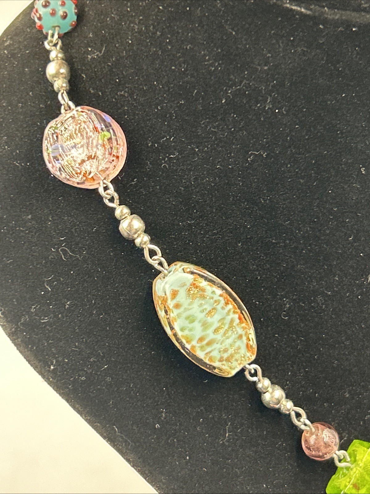 VTG Premier Design Art Glass Beaded Necklace Silver Tone Signed 30”w/2”