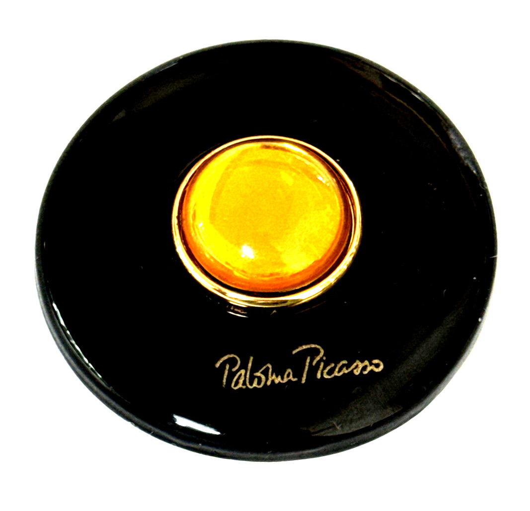 PALOMA PICASSO Designer Round Black Brooch Amber Glass Center