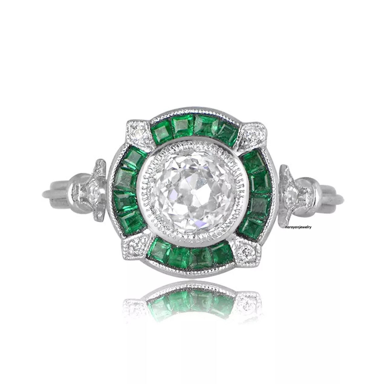 Art Deco Vintage Style Emerald Lab Created Diamond White Gold FN Engagement Ring
