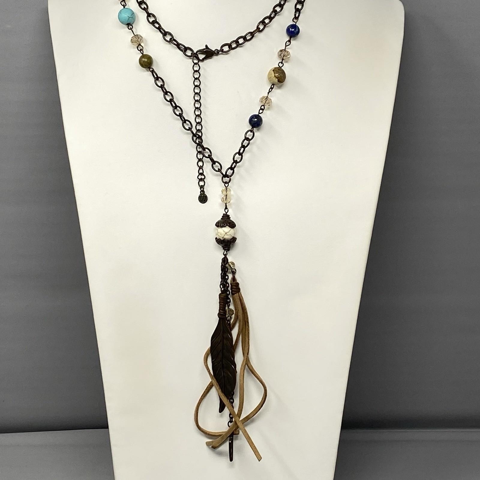 Bohemian Tassel Pendant Necklace Designer Assorted Gemstones Brown Chain 36″