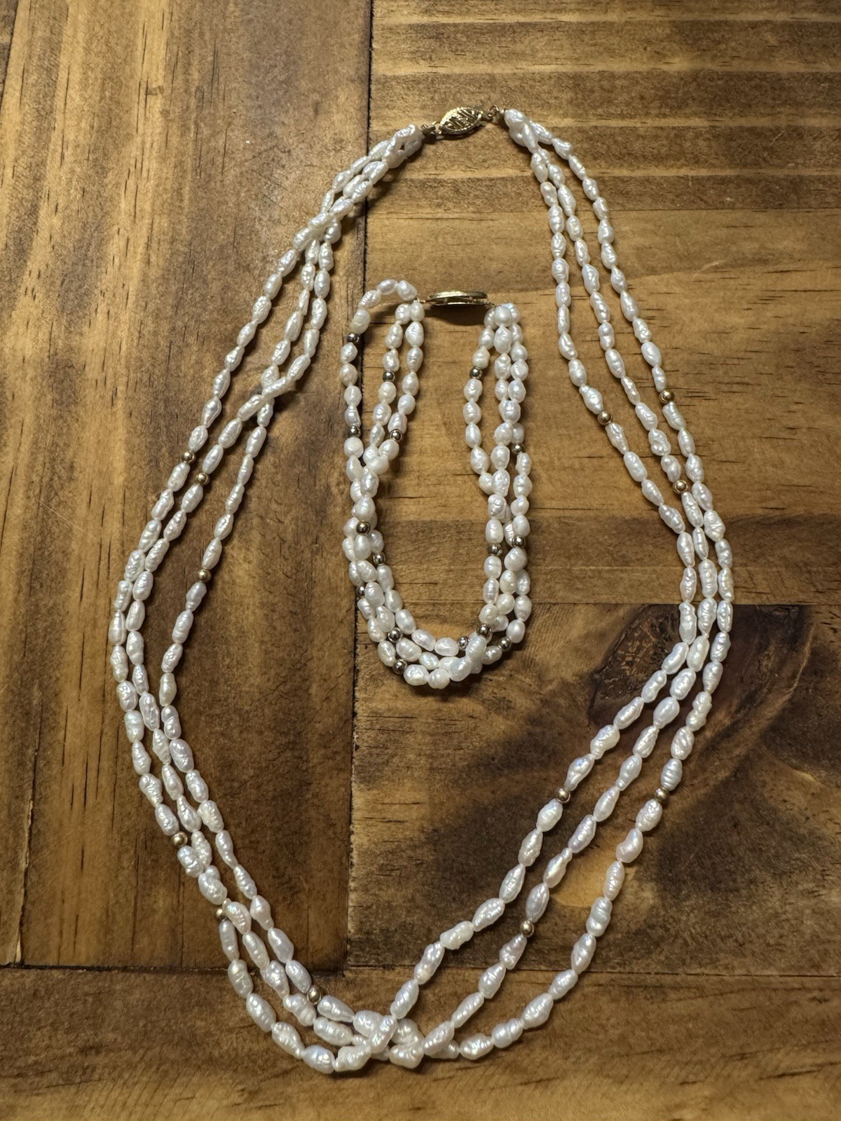 Vintage 3 Strand 14k Gold Freshwater Seed Pearl Gold Bead Necklace Bracelet Set