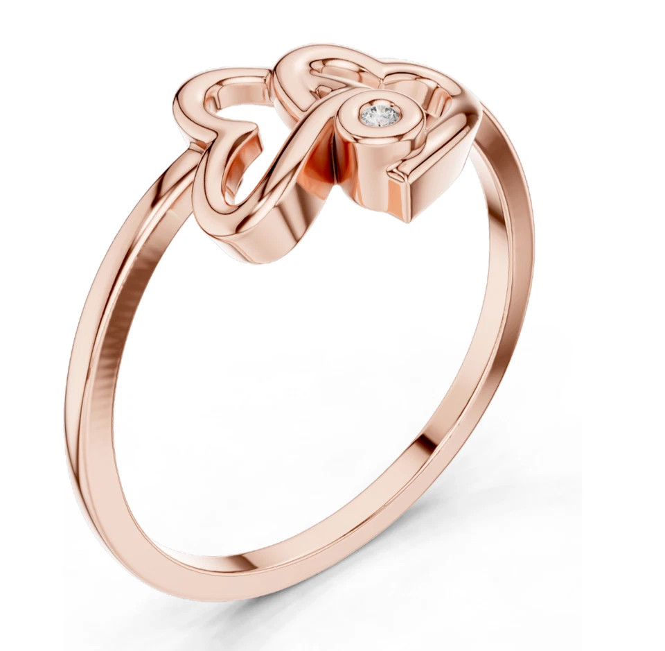Round Cut 0.03CT White Moissanite Double Heart Shaped Ring Pure 10K Rose Gold FN