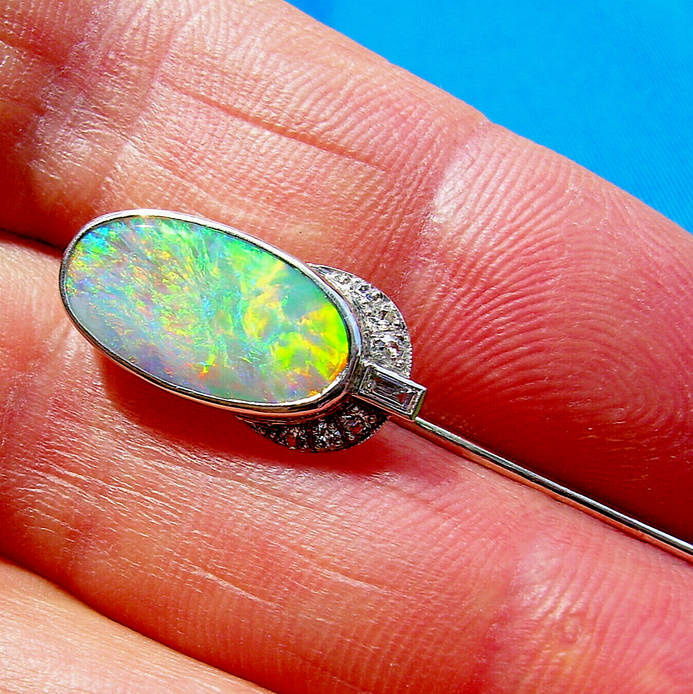 Original EARTH MINED Australian Black OPAL Art Deco DIAMOND Pin Antique PLATINUM