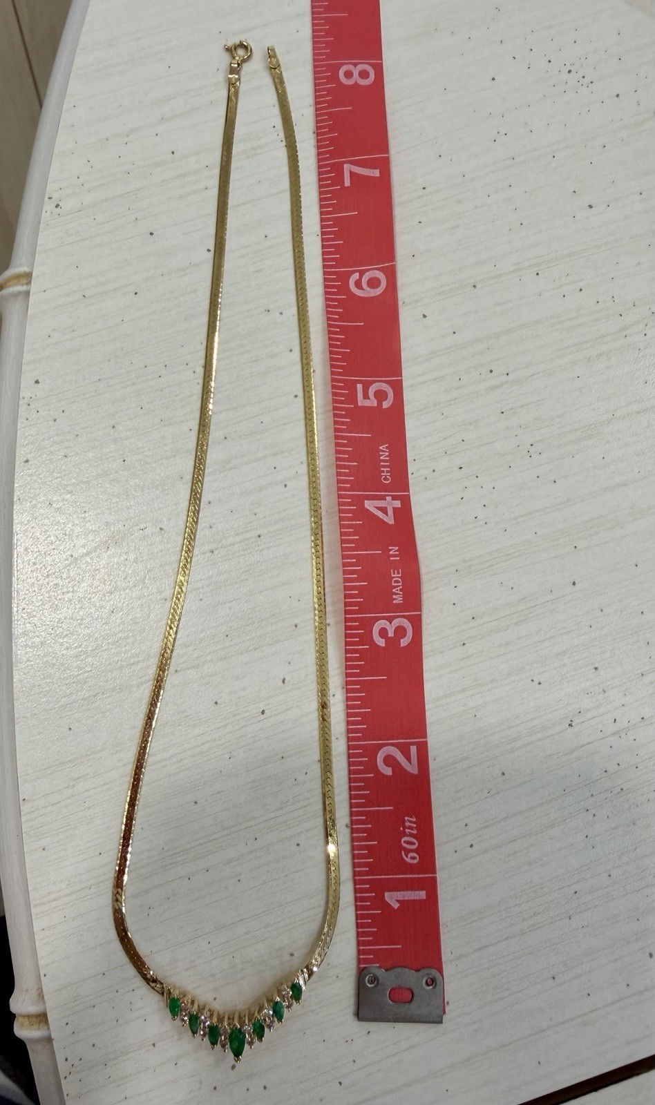Vintage 14kt Y/Gold Marquise Emerald & Diamond Chevron Necklace 16″, 6.9 grams