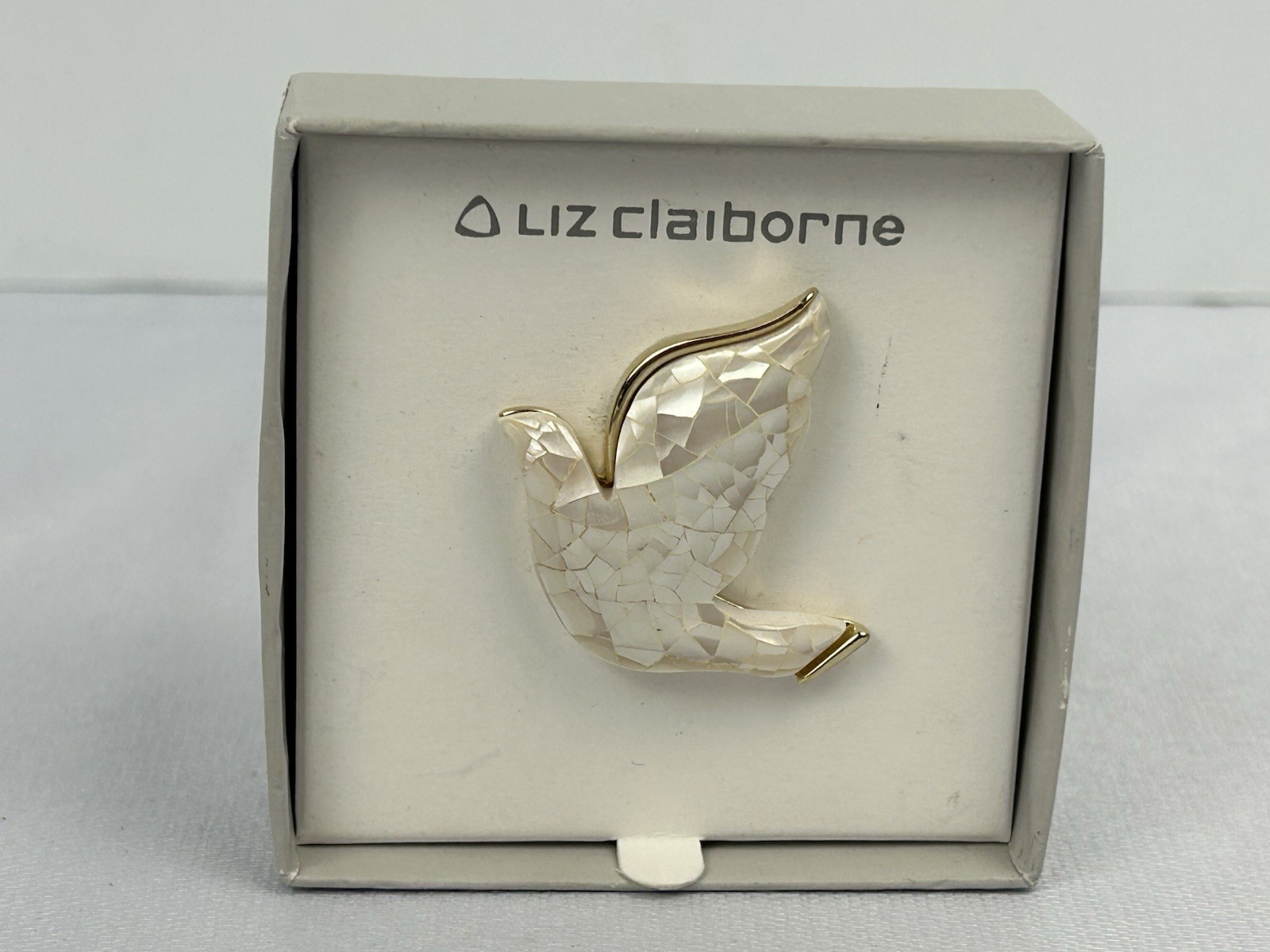 Liz Claiborne Dove Brooch Pin White Mosaic Gold Tone Peace Bird Gift